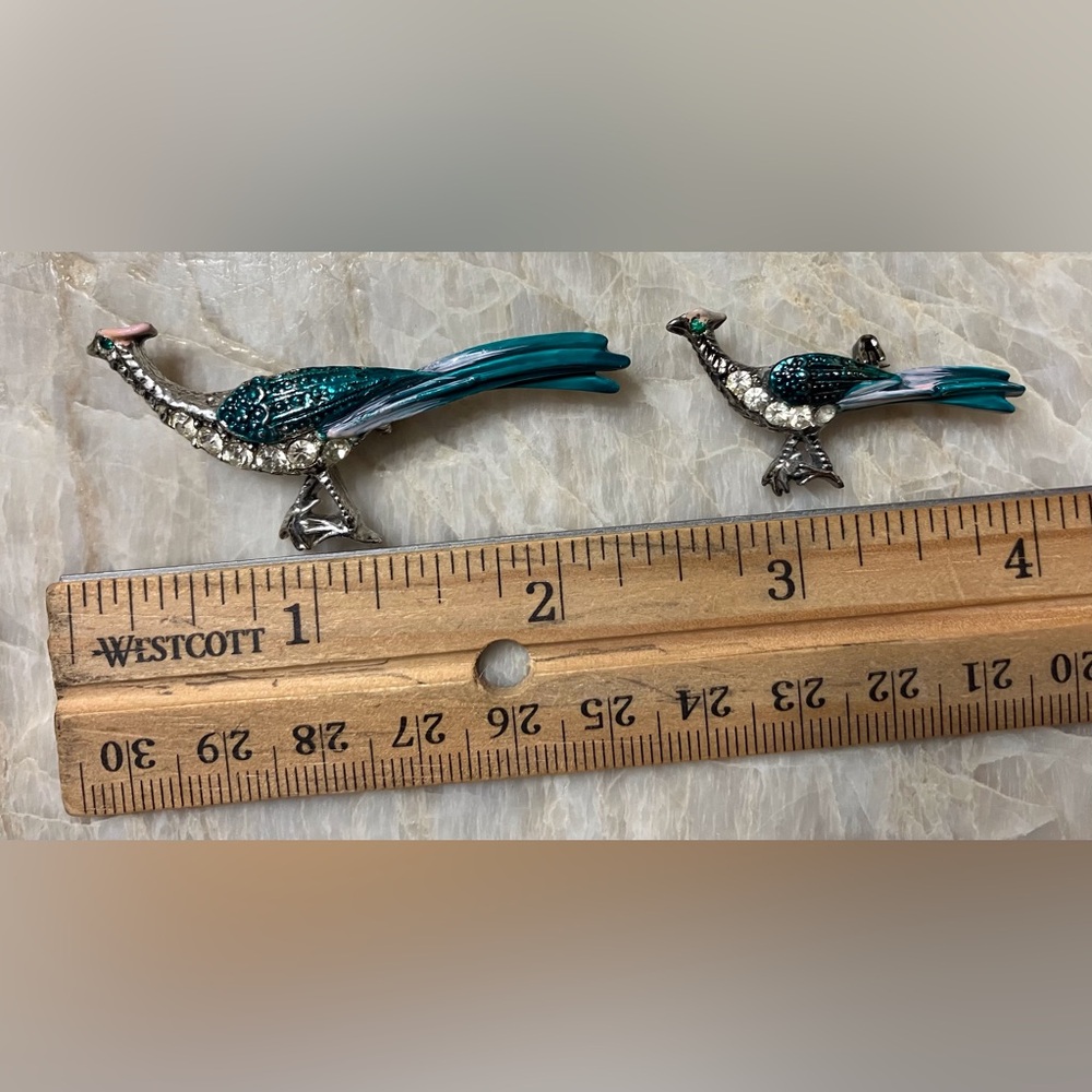 Vintage Elegant Teal and Silver Bird Figurines Peacock Roadrunner Rhinestones - Picture 3 of 3